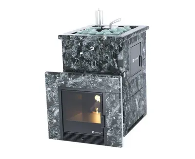 Фото Печь для русской бани Анапа М2 в трёхсороннем кожухе (пироксенит) с открытым верхом в магазине Woodson