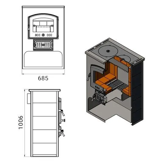 Фото Печь-Камин ВЕЗУВИЙ ПК-03 (224) с плитой "Везувий В3" бежевый  12 кВт (200 м3) Ø150мм в магазине Woodson